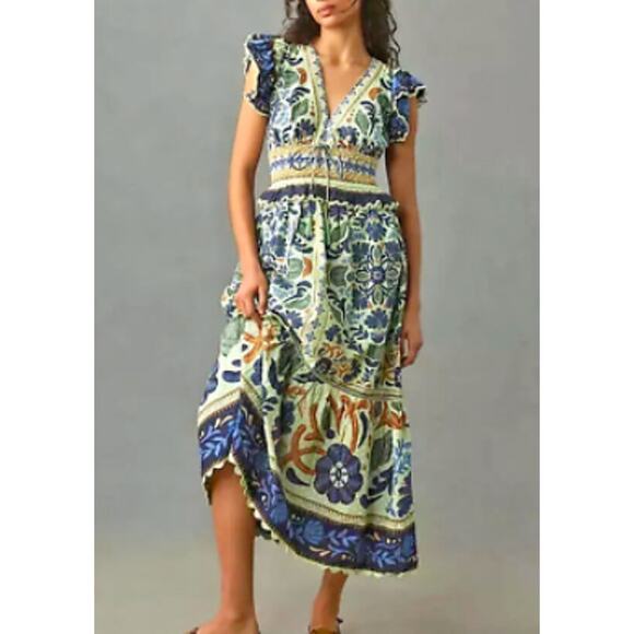 FARM Rio Dresses & Skirts - Farm Rio Women's Ocean Tapestry Maxi Dress Smocked V Neck Ruffle Printed Large